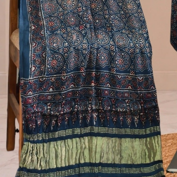 Ajrakh Hand Block Print Natural Dye Pure Modal Silk 3 Piece Suit with Zari Pallu Dupatta