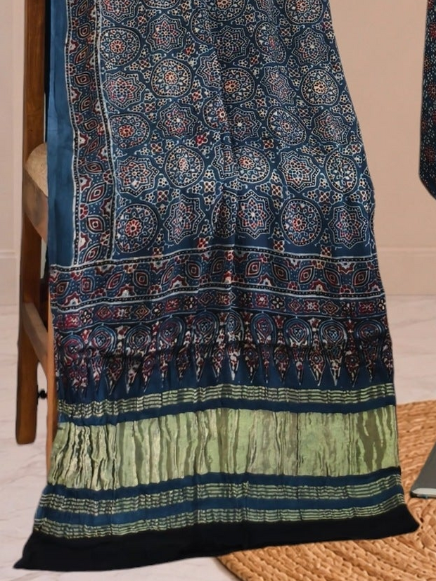 Ajrakh Hand Block Print Natural Dye Pure Modal Silk 3 Piece Suit with Zari Pallu Dupatta