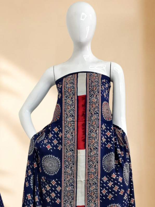 Premium Ajrakh Hand Block Print Modal Silk 3-Piece Suit Set with Zari Pallu Dupatta