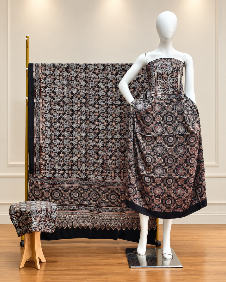 Havi Pure Modal Silk Ajrakh Hand Block Print Natural Dye 3-Piece Suit - The Ajrakh Studio