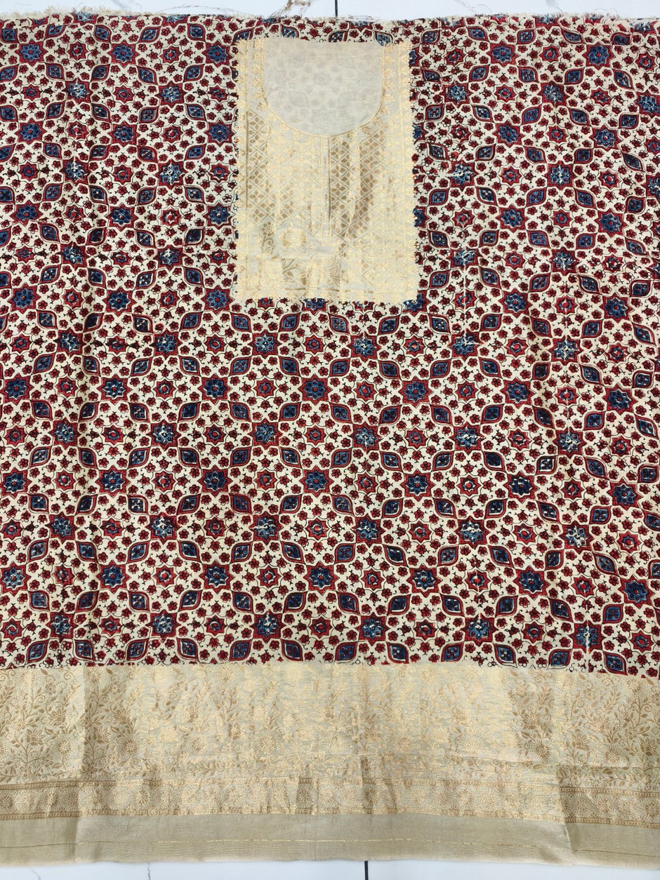 Premium Dola Silk Ajrakh Hand Block Print Natural Dye 2-Piece Suit with Zari Border Dupatta