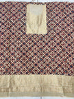 Premium Dola Silk Ajrakh Hand Block Print Natural Dye 2-Piece Suit with Zari Border Dupatta