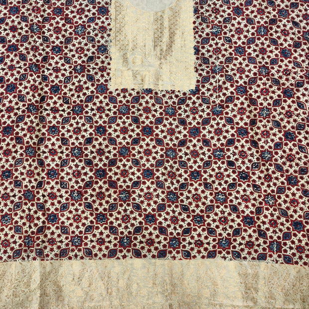Premium Dola Silk Ajrakh Hand Block Print Natural Dye 2-Piece Suit with Zari Border Dupatta