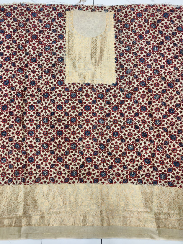 Premium Dola Silk Ajrakh Hand Block Print Natural Dye 2-Piece Suit with Zari Border Dupatta