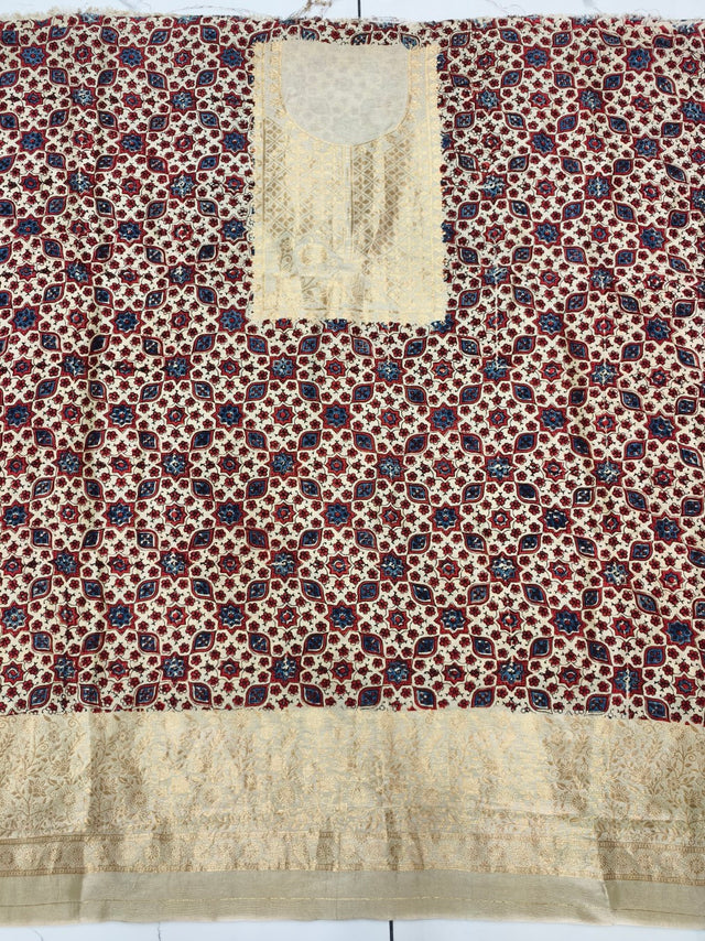 Premium Dola Silk Ajrakh Hand Block Print Natural Dye 2-Piece Suit with Zari Border Dupatta