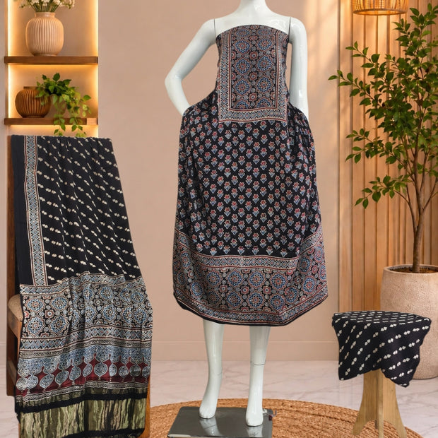 Ajrakh Hand Block Print Natural Dye Pure Modal Silk 3 Piece Suit with Zari Pallu Dupatta