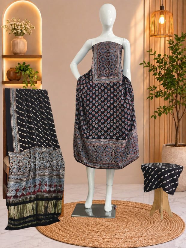 Ajrakh Hand Block Print Natural Dye Pure Modal Silk 3 Piece Suit with Zari Pallu Dupatta