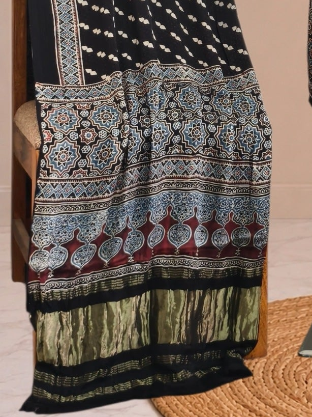 Ajrakh Hand Block Print Natural Dye Pure Modal Silk 3 Piece Suit with Zari Pallu Dupatta