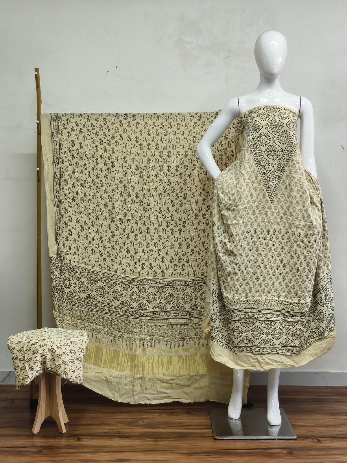 Havi Modal Silk Ajrakh Neptol Dye & Discharge Print Panel Design 3-Piece Suit - The Ajrakh Studio