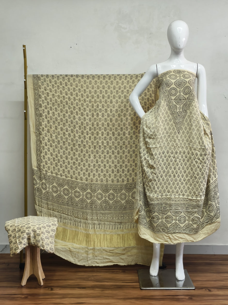 Havi Modal Silk Ajrakh Neptol Dye & Discharge Print Panel Design 3-Piece Suit - The Ajrakh Studio