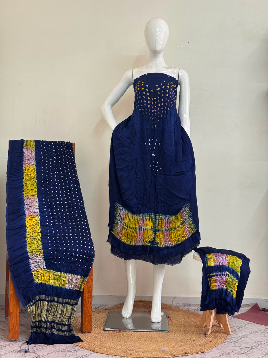 Premium Modal Silk Shibori & Bandhani 3 Piece Suit Set with Zari Pallu Dupatta | Women's Unstitched Dress Material