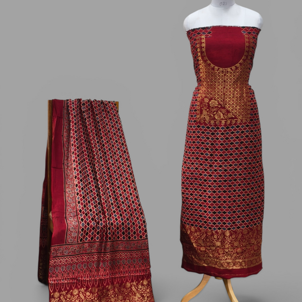 Premium Dola Silk Ajrakh Hand Block Print Natural Dye 2-Piece Suit with Zari Border Dupatta