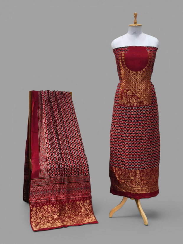 Premium Dola Silk Ajrakh Hand Block Print Natural Dye 2-Piece Suit with Zari Border Dupatta