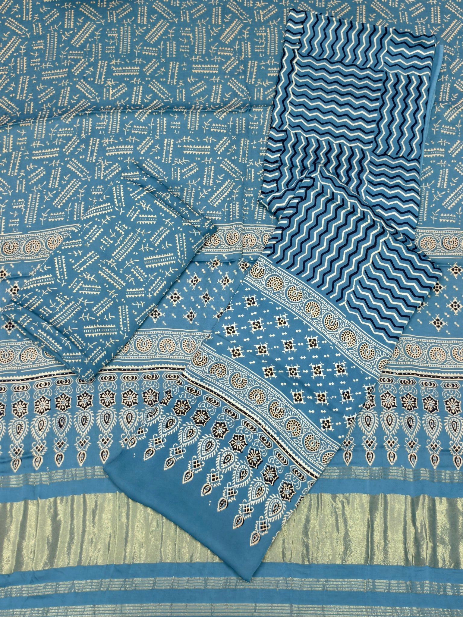 Premium Ajrakh Hand Block Print Modal Silk 3-Piece Suit Set with Zari Pallu Dupatta