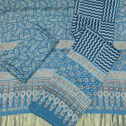 Premium Ajrakh Hand Block Print Modal Silk 3-Piece Suit Set with Zari Pallu Dupatta
