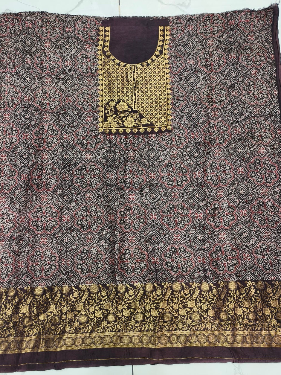 Premium Dola Silk Ajrakh Hand Block Print Natural Dye 2-Piece Suit with Zari Border Dupatta