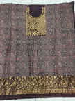Premium Dola Silk Ajrakh Hand Block Print Natural Dye 2-Piece Suit with Zari Border Dupatta