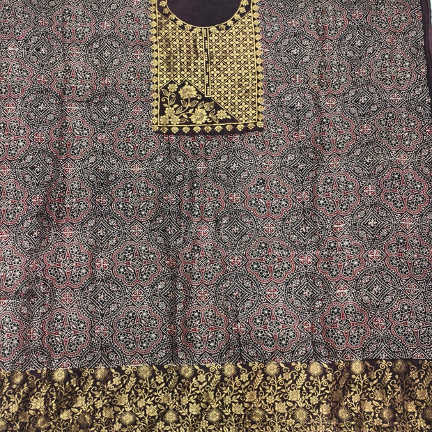 Premium Dola Silk Ajrakh Hand Block Print Natural Dye 2-Piece Suit with Zari Border Dupatta