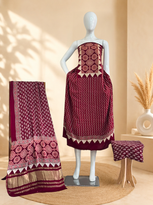Premium Ajrakh Hand Block Print Modal Silk 3-Piece Suit Set with Zari Pallu Dupatta