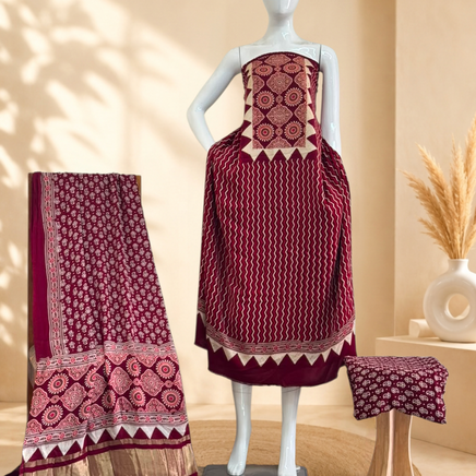 Premium Ajrakh Hand Block Print Modal Silk 3-Piece Suit Set with Zari Pallu Dupatta