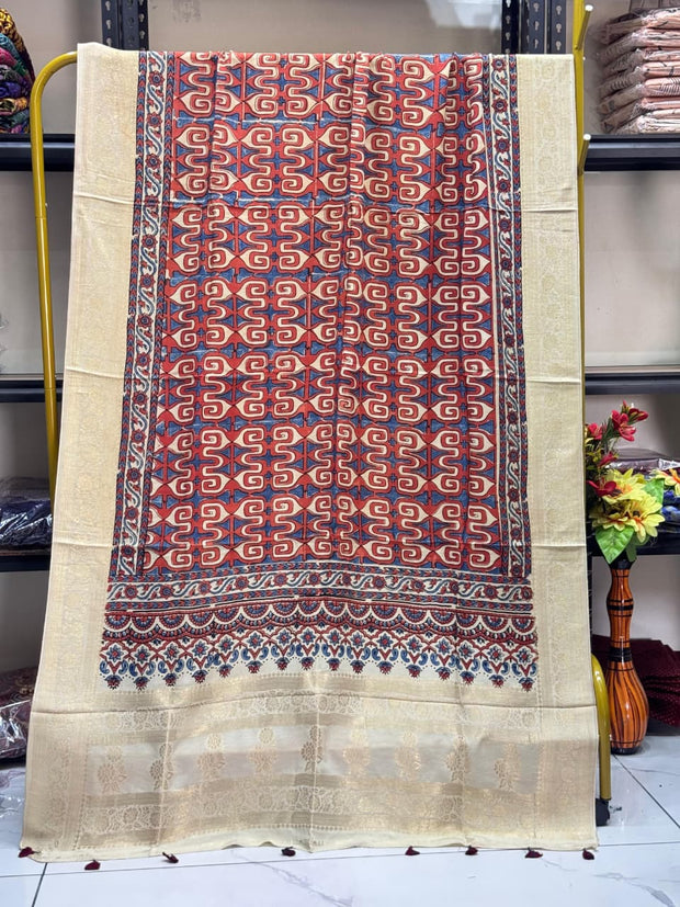 Dola Silk Ajrakh Hand Block Print Natural Dye Zari Pallu Dupatta 20 - The Ajrakh Studio