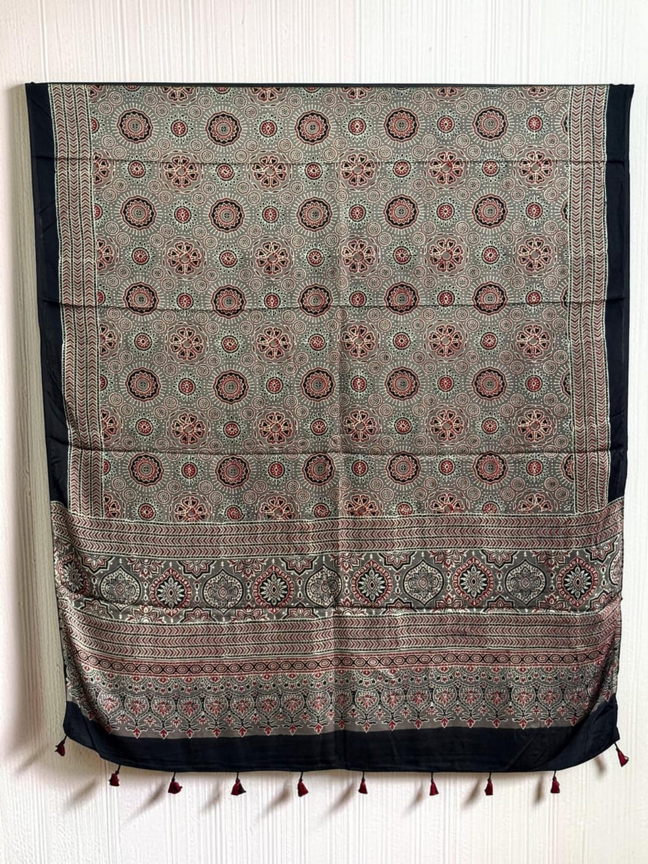 Ajrakh Modal Silk Natural Dye Dupatta with Tassels 02 - The Ajrakh Studio
