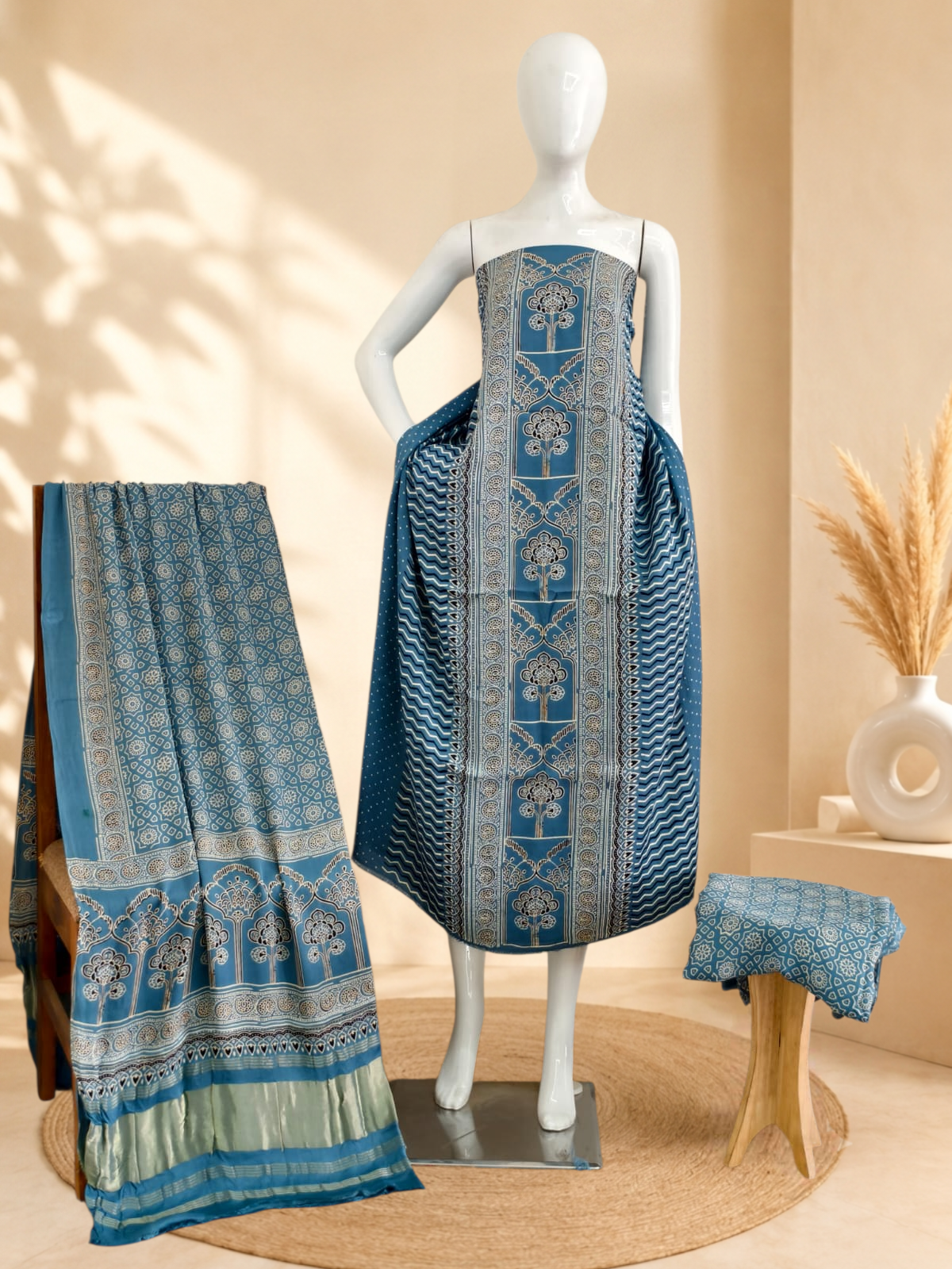 Premium Ajrakh Hand Block Print Modal Silk 3-Piece Suit Set with Zari Pallu Dupatta