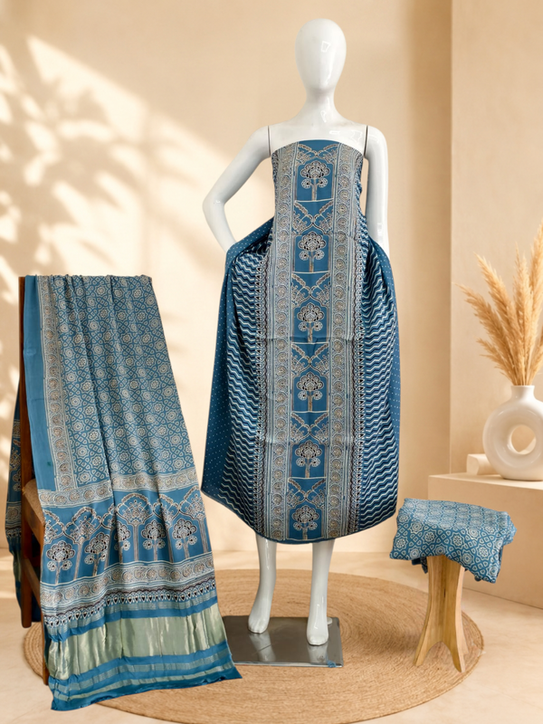 Premium Ajrakh Hand Block Print Modal Silk 3-Piece Suit Set with Zari Pallu Dupatta