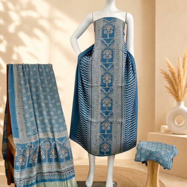 Premium Ajrakh Hand Block Print Modal Silk 3-Piece Suit Set with Zari Pallu Dupatta