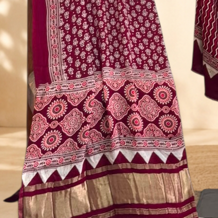 Premium Ajrakh Hand Block Print Modal Silk 3-Piece Suit Set with Zari Pallu Dupatta