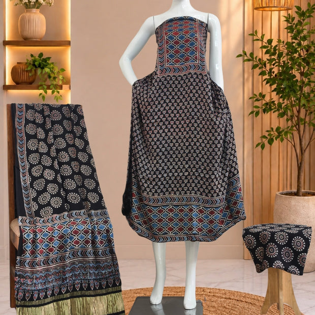 Ajrakh Hand Block Print Natural Dye Pure Modal Silk 3 Piece Suit with Zari Pallu Dupatta