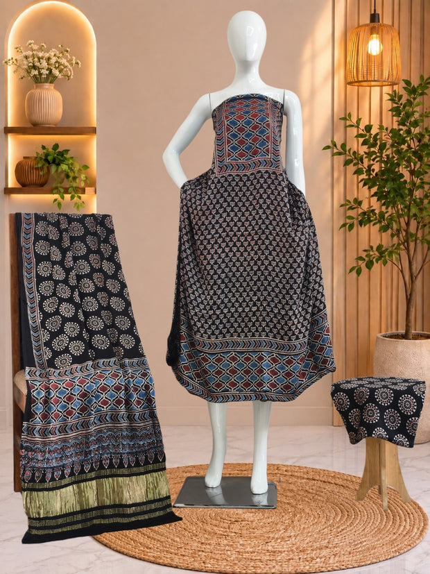 Ajrakh Hand Block Print Natural Dye Pure Modal Silk 3 Piece Suit with Zari Pallu Dupatta
