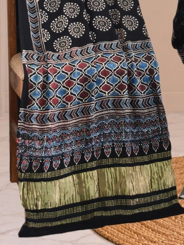 Ajrakh Hand Block Print Natural Dye Pure Modal Silk 3 Piece Suit with Zari Pallu Dupatta