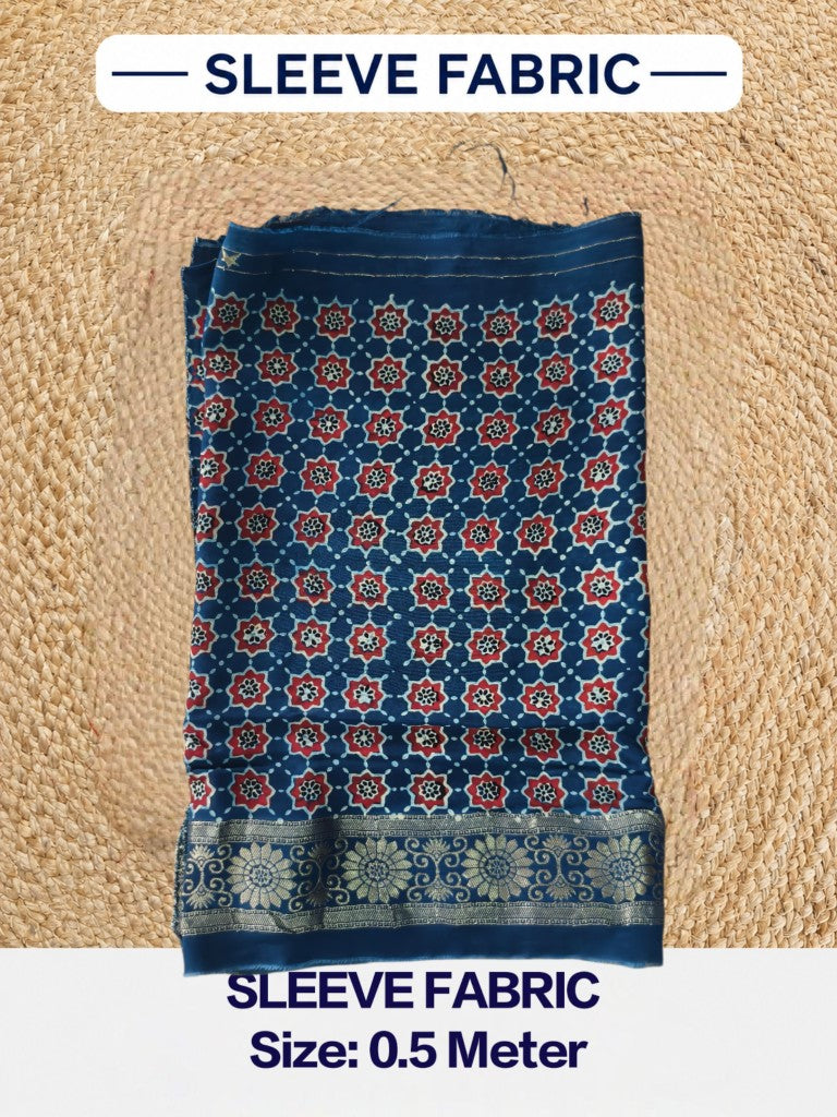 Premium Dola Silk Ajrakh Hand Block Print Natural Dye 2-Piece Suit with Zari Border Dupatta