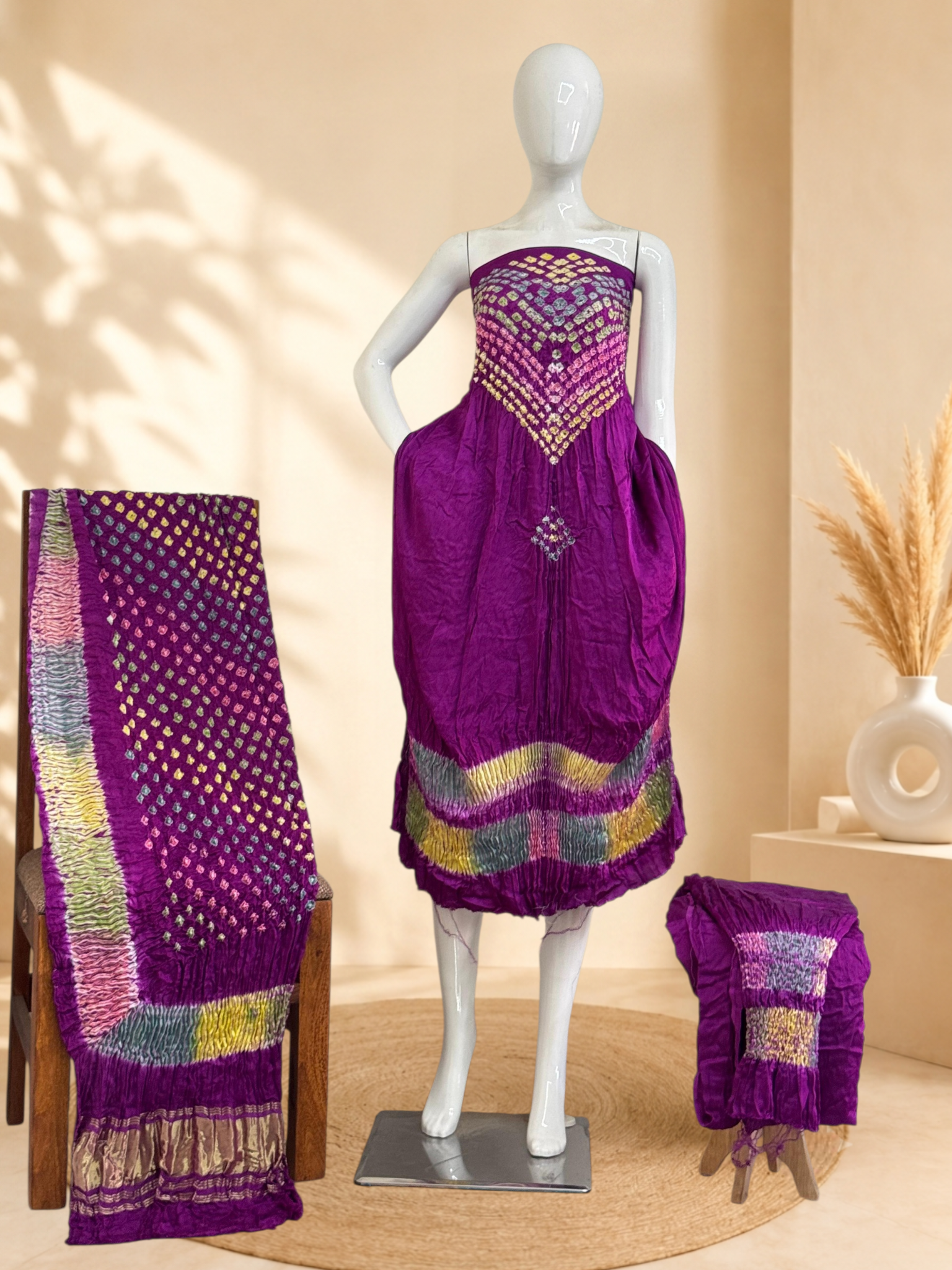 Premium Modal Silk Shibori & Bandhani 3 Piece Suit Set with Zari Pallu Dupatta | Women's Unstitched Dress Material