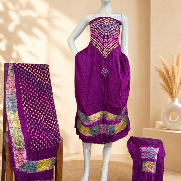 Premium Modal Silk Shibori & Bandhani 3 Piece Suit Set with Zari Pallu Dupatta | Women's Unstitched Dress Material