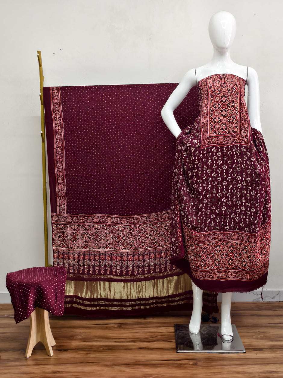 Havi Modal Silk Ajrakh Neptol Dye & Discharge Print Panel Design 3-Piece Suit - The Ajrakh Studio