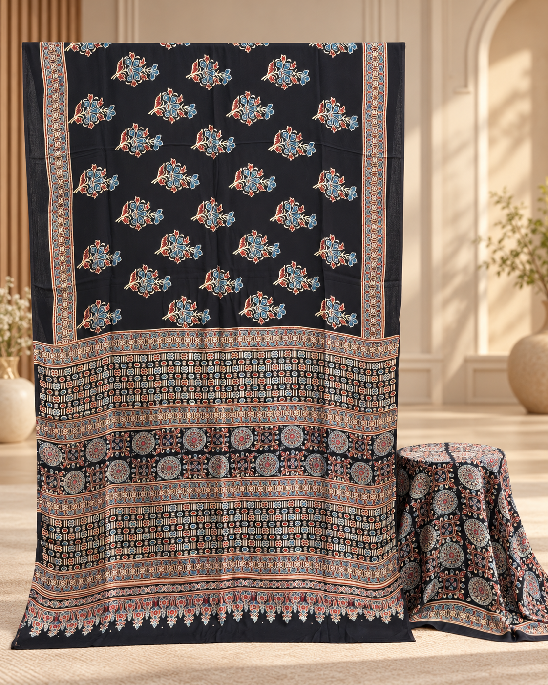 Elegant Modal Silk Ajrakh Hand Block Print Natural Dye Saree - The Ajrakh Studio