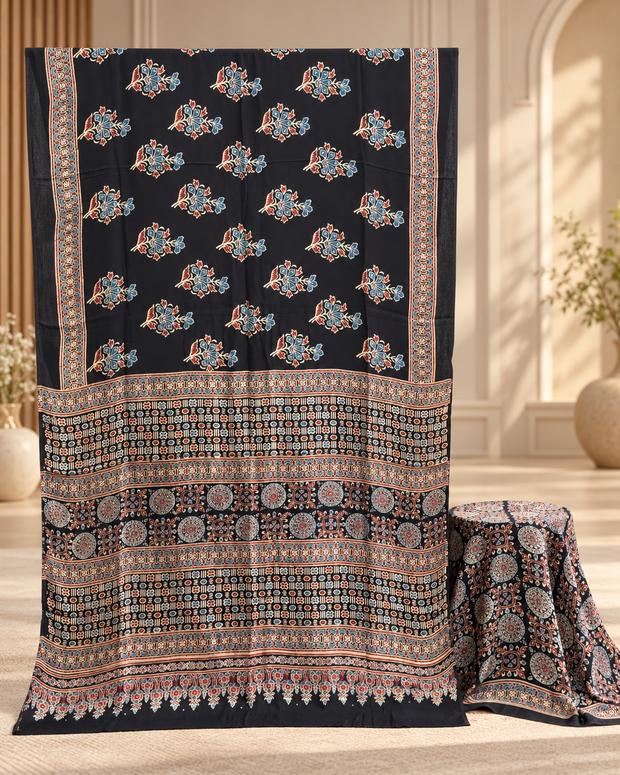 Elegant Modal Silk Ajrakh Hand Block Print Natural Dye Saree - The Ajrakh Studio