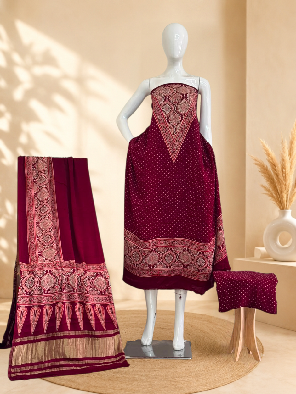 Premium Ajrakh Hand Block Print Modal Silk 3-Piece Suit Set with Zari Pallu Dupatta