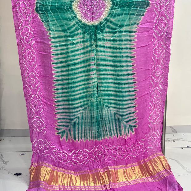 Pink & Green Modal Silk Tie & Dye Bandhani Dupatta 3 Piece Suits