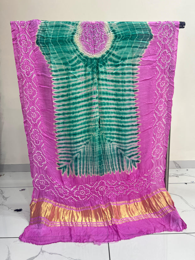 Pink & Green Modal Silk Tie & Dye Bandhani Dupatta 3 Piece Suits