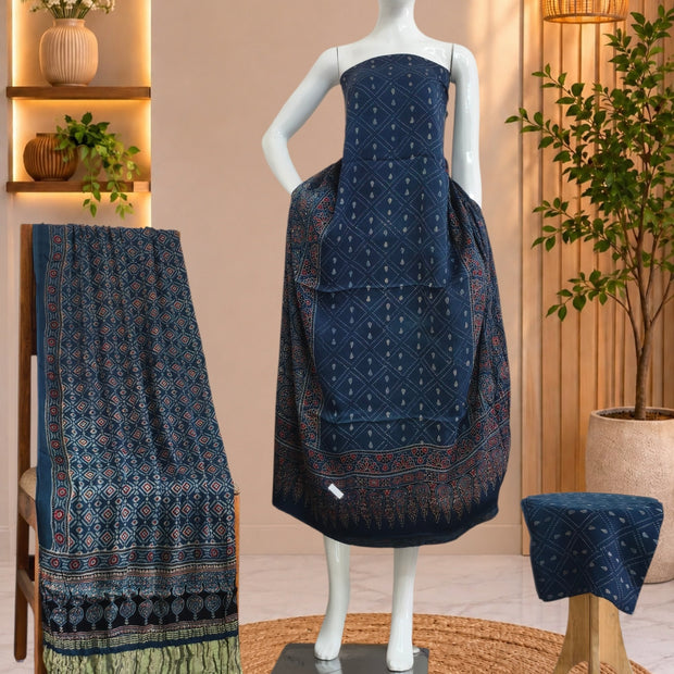 Ajrakh Hand Block Print Natural Dye Pure Modal Silk 3 Piece Suit with Zari Pallu Dupatta