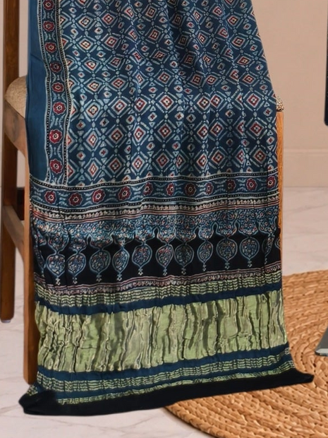 Ajrakh Hand Block Print Natural Dye Pure Modal Silk 3 Piece Suit with Zari Pallu Dupatta
