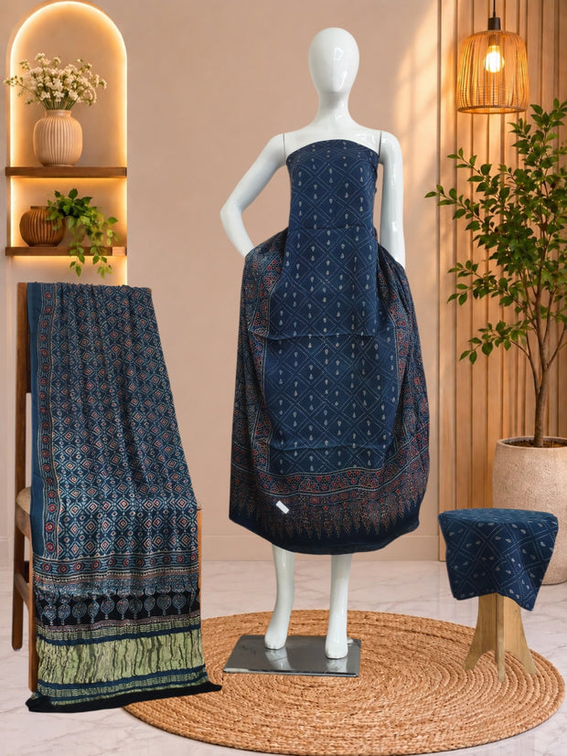 Ajrakh Hand Block Print Natural Dye Pure Modal Silk 3 Piece Suit with Zari Pallu Dupatta