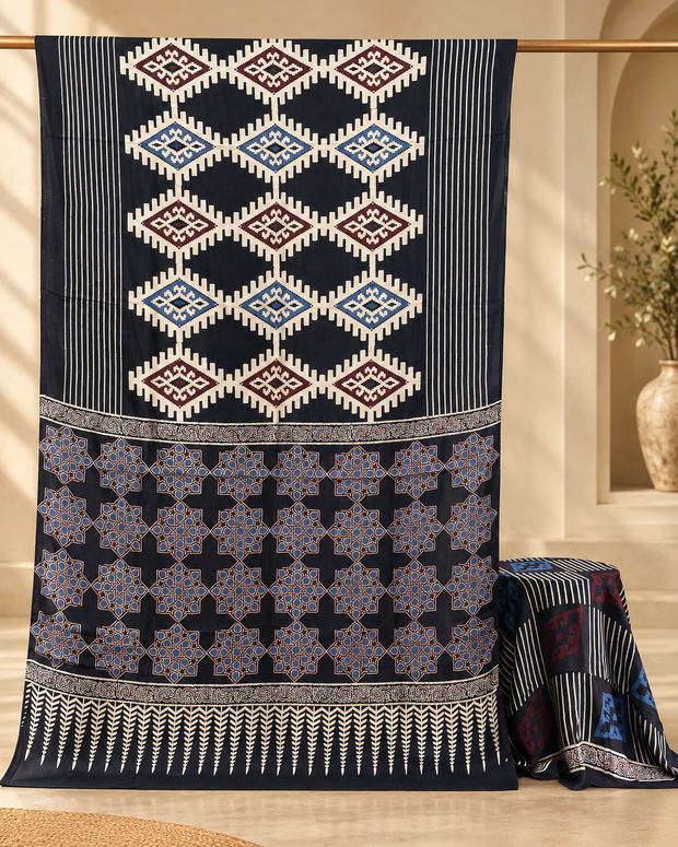 Elegant Modal Silk Ajrakh Hand Block Print Natural Dye Saree - The Ajrakh Studio