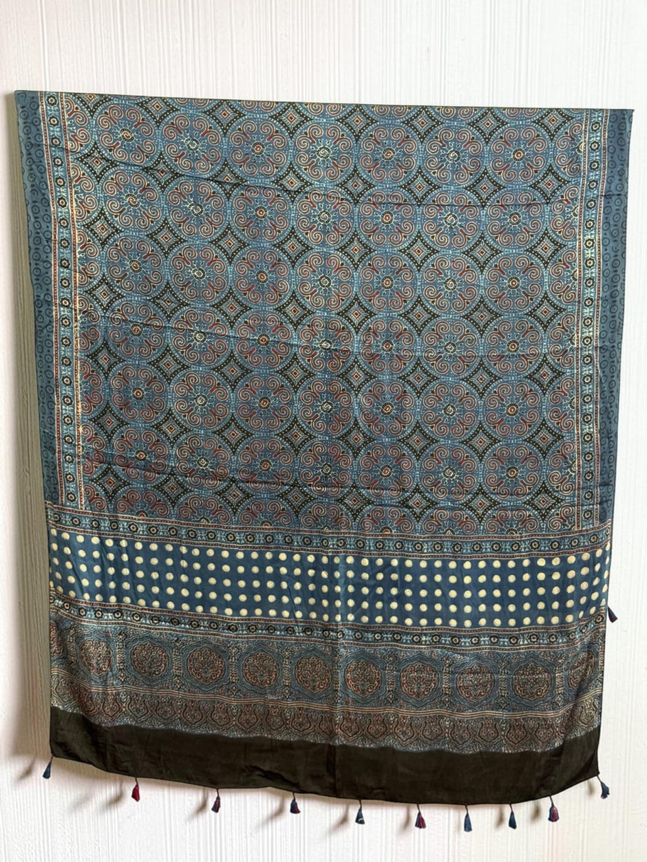 Ajrakh Modal Silk Natural Dye Dupatta with Tassels 29 - The Ajrakh Studio
