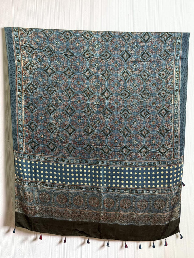 Ajrakh Modal Silk Natural Dye Dupatta with Tassels 29 - The Ajrakh Studio