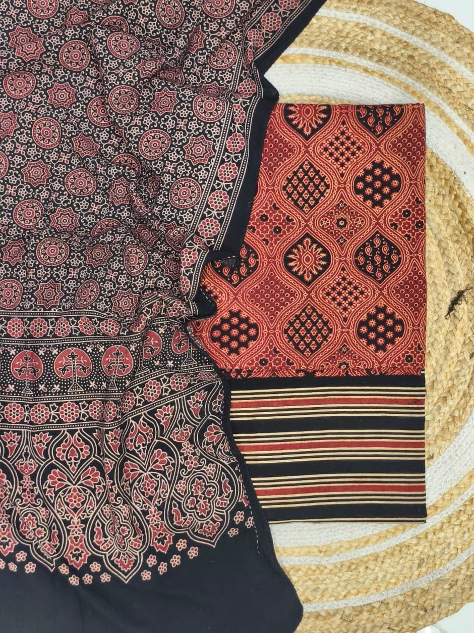 Pure Cotton Ajrakh Screen Print Natural Dye 3-Piece Suit 02 - The Ajrakh Studio