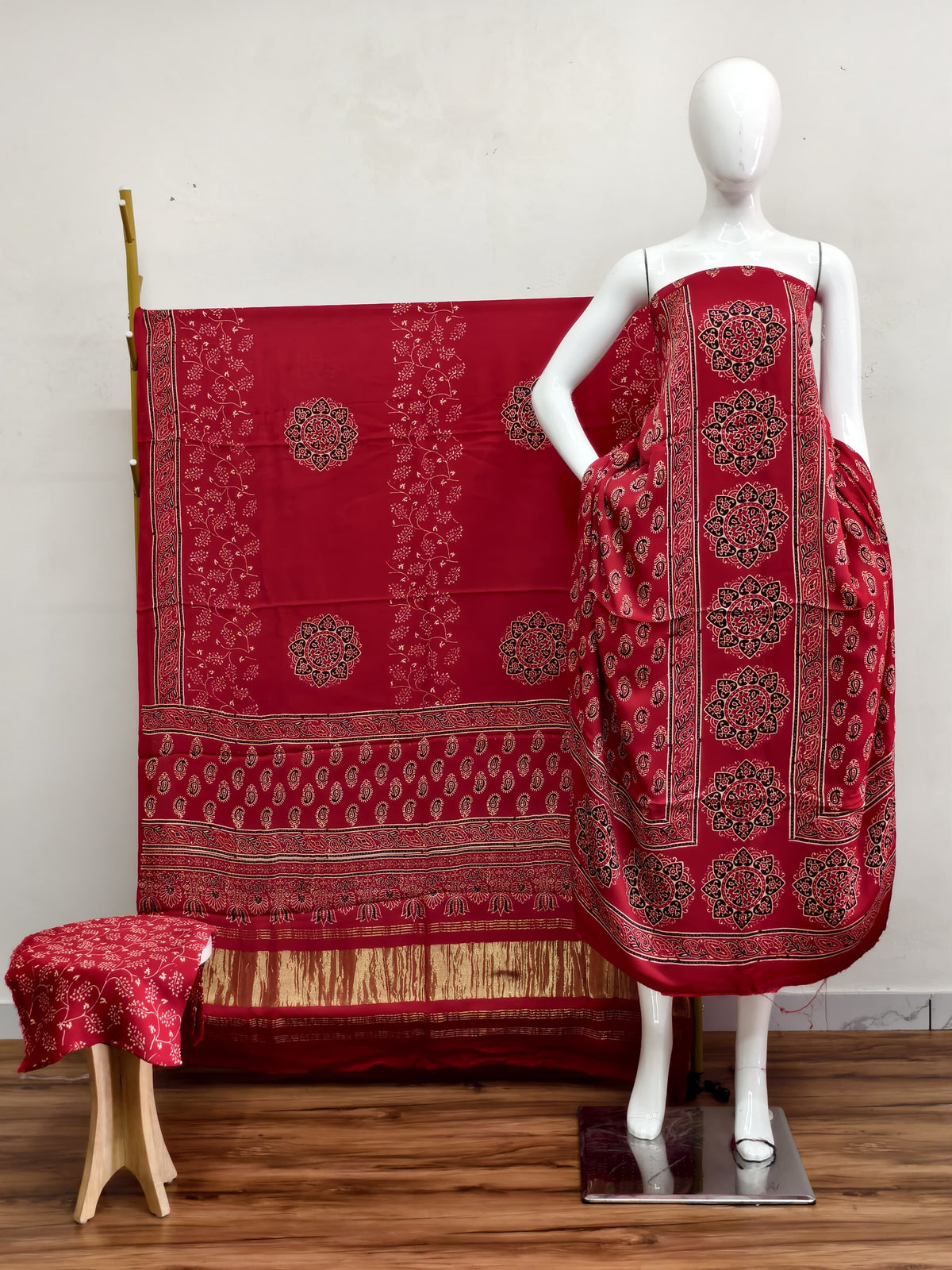 Havi Modal Silk Ajrakh Neptol Dye & Discharge Print Panel Design 3-Piece Suit - The Ajrakh Studio